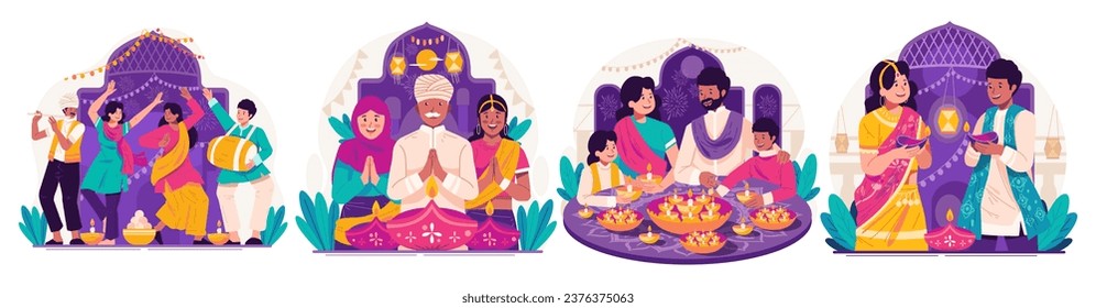 Illustration Set of Happy Diwali Greetings. Indian People in Traditional Clothing Holding Lit Oil Lamps or Diya Celebrating Diwali Festival of Lights