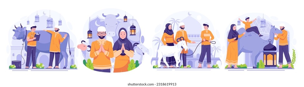 Illustration Set of Happy Eid Al Adha Mubarak. Muslim People celebrate Eid Al Adha. Vector illustration