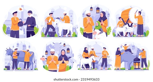 Illustration Set of Happy Eid Al Adha Mubarak. Muslim People celebrate Eid Al Adha. Vector illustration