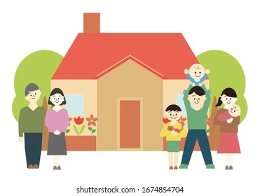 Illustration set of happy family in front of the house. three generation
