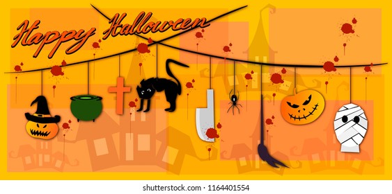 Illustration Set of Happy Ghost, Monsters and Evils Hanging on Spooky Background For Halloween Celebration Party.