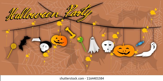 Illustration Set of Happy Ghost, Monsters and Evils Hanging on Spooky Background For Halloween Celebration Party.