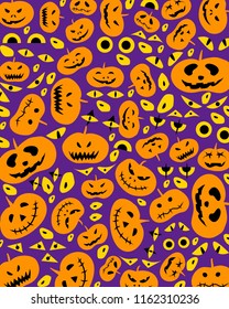 Illustration Set of Happy Jack-o-Lantern Pumpkins and Evils on Purple Background For Halloween Celebration Party.