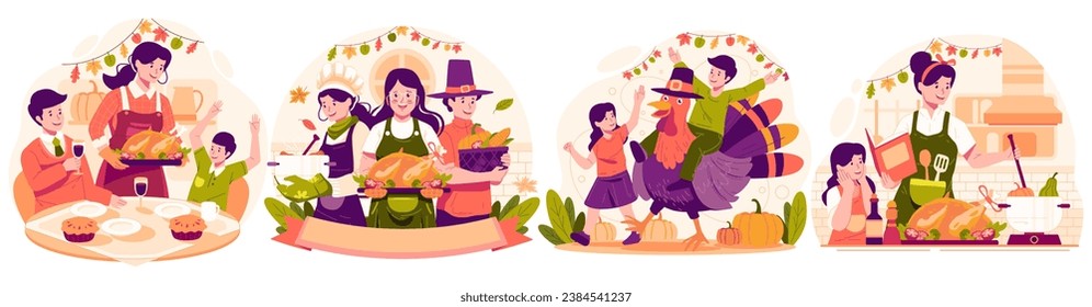 Illustration Set of Happy Thanksgiving Day With People Cooking and Serving Dishes and a Turkey for the Thanksgiving Holiday Party or Dinner