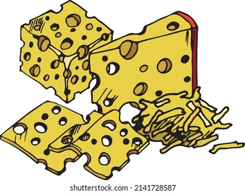 Illustration of a set of hard cheeses with holes on a white background. Yellow hard cheese with large round holes, slice, cube, grated cheese, ready to use, eps. For your design
