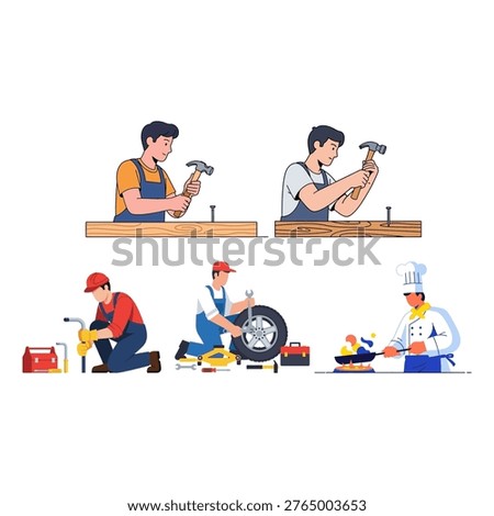 Illustration set of hardworking carpenters mechanic and cooking chef vector set