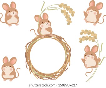 Illustration set of harvest mice and ear of rice