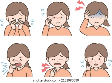 Illustration set of hay fever symptoms