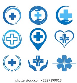 Illustration set of healthcare logos.Blue medical cross with a pulse on a white background