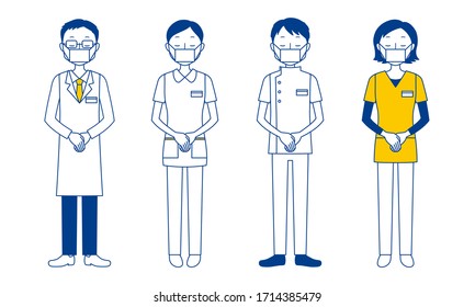 Illustration set of healthcare workers bowing (doctor, nurse, physiotherapist, radiologist)