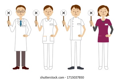 Illustration set of healthcare workers (doctors, nurses, physiotherapists, radiologists) with wrong sign