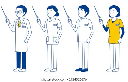 Illustration set of healthcare workers (doctors, nurses, physiotherapists, radiologists) who explain medical conditions