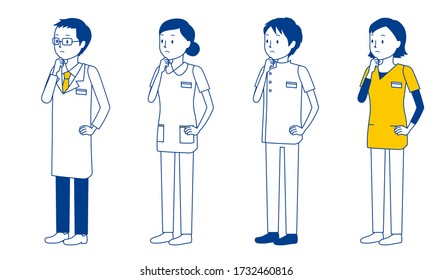 Illustration set of healthcare workers (doctors, nurses, physiotherapists, radiologists) who thinking with hands on chin