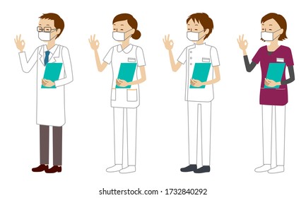 Illustration set of healthcare workers (doctors, nurses, physiotherapists, radiologists) who giving an OK mark with a smile