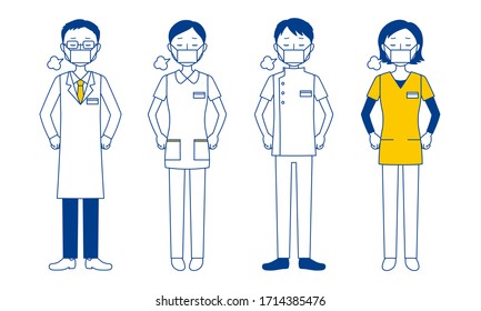 Illustration set of healthcare workers sighing (doctors, nurses, physiotherapists, radiologists) 
