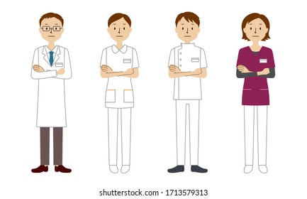Illustration set of healthcare workers in trouble (doctors, nurses, physiotherapists, radiologists)