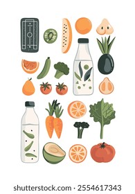 Illustration set for a healthy eating app, including meal planning, calorie tracking, fruit and vegetable icons, and water reminders for wellness