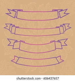 Illustration with set of heraldry ribbons on brown background with mandalas.