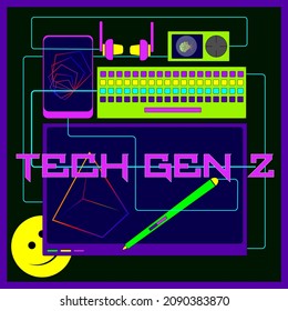 ilustración de un conjunto de dispositivos de alta tecnología para la generación z en un fondo oscuro