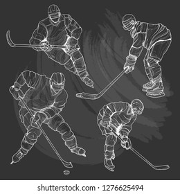 illustration set of hockey player. hockey chalk drawing style. 