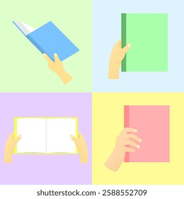 illustration set of holding a book in various gestures. holding book