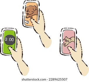 Illustration set holding a smartphone (dog, cat, timer)