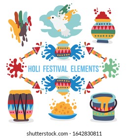illustration of set of Holi element with colors and message in Hindi Holi Hain meaning Its Holi