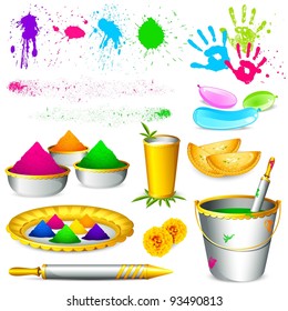 illustration of set of holi element with colors on white background