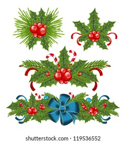 Illustration set holly berry sprigs for christmas decorations - vector