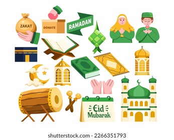 Illustration set holy month of Ramadan with features traditional elements like the crescent moon, lanterns, dates, mosques, and more.
Suitable for greeting cards, posters, social media graphics, etc.