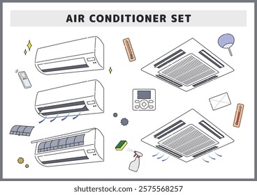 Illustration set of home and commercial air conditioners and house cleaning