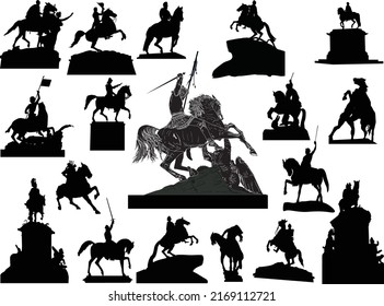 illustration with set of horseman statues isolated on white background