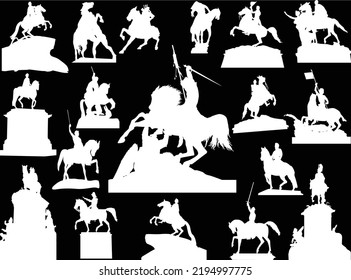 illustration with set of horseman statues isolated on black background