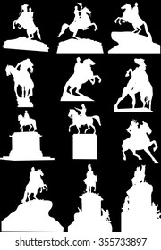 illustration with set of horseman statues isolated on black background