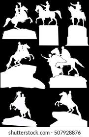 illustration with set of horseman statues isolated on black background