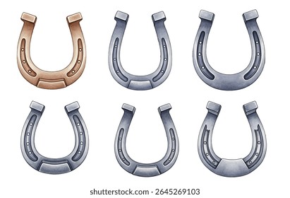 illustration set of horseshoes in various metallic tones. Ideal for western-themed designs, good luck symbols, rustic decor, cowboy graphics, and equestrian or St. Patrick's Day projects.