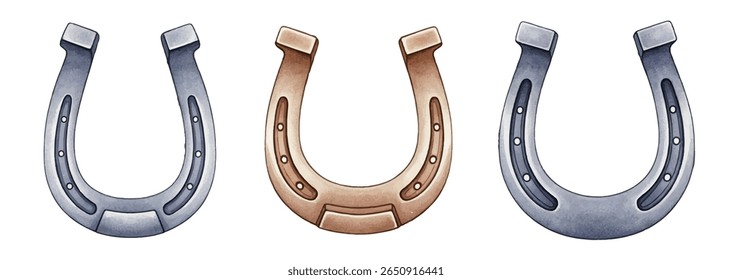 illustration set of horseshoes in various metallic tones. Ideal for western-themed designs, good luck symbols, rustic decor, cowboy graphics, and equestrian or St. Patrick's Day projects.