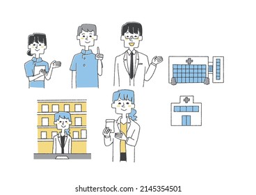 Illustration set of hospitals and medical staff Comical handwritten figures Vectors, line drawings in color