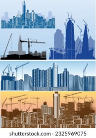 illustration with set of house building and cranes on light backgrounds