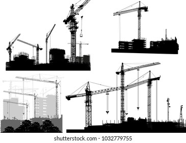 illustration with set of house buildings and cranes isolated on white background