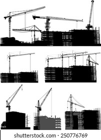 illustration with set of house buildings and cranes isolated on white background
