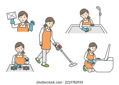 Illustration set of a housewife cleaning.