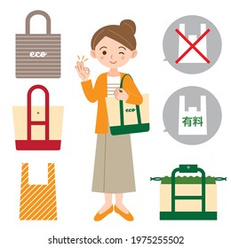 Illustration set of housewife and eco bag winking in OK pose(Japanese word means "paid")