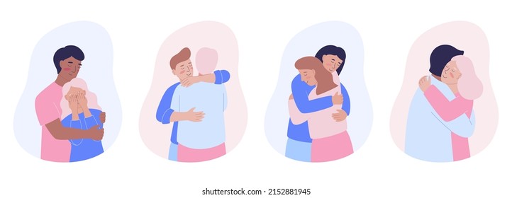 Illustration set of hugging people. Happy meeting or supportive hugs. Flat style vector illustration.