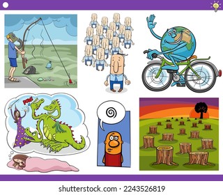 Illustration set of humorous cartoon concepts or metaphors with comic characters