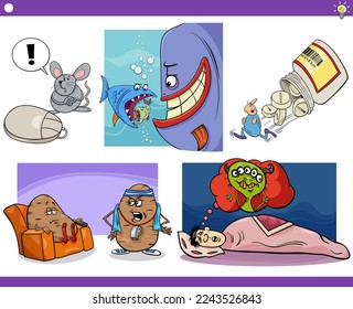 Illustration set of humorous cartoon concepts or metaphors or sayings with comic characters