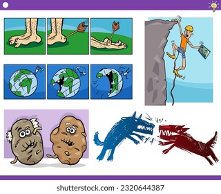 Illustration set of humorous cartoon concepts or metaphors and ideas with comic characters