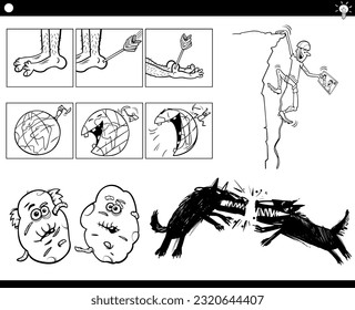 Illustration set of humorous cartoon concepts or metaphors or sayings with comic characters