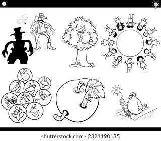 Illustration set of humorous cartoon concepts or metaphors or sayings with comic characters