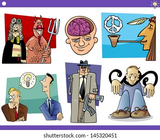 Illustration Set of Humorous Cartoon Vector Concepts or Ideas and Metaphors with Funny Characters